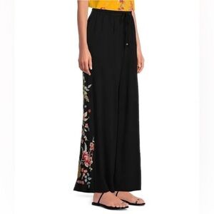 JOHNNY WAS Andrean Drawstring Elastic Waist black Embroidered Wide-Leg Pants M